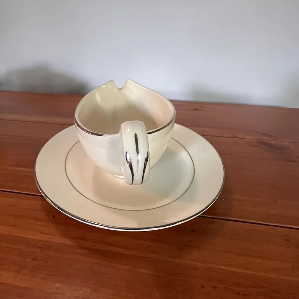 Homer Laughlin Celeste Gravy Boat and Underplate Mid Century Platinum Trim MCM